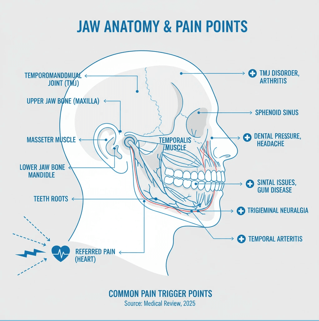 Comprehensive infographic showing jaw anatomy including the upper and lower jaw bones, teeth roots, surrounding muscles, nearby sinuses, major nerves, and blood vessels, with labeled arrows pointing to common pain trigger points and areas where different conditions typically cause discomfort - Jaw bone pain causes infographic