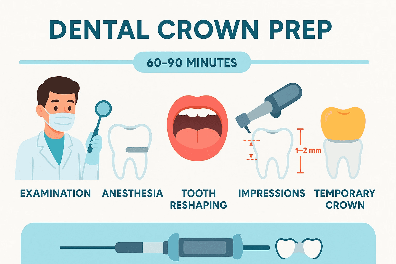 Step-by-step dental crown preparation process showing examination, anesthesia administration, tooth reshaping with specific measurements, impression taking using digital scanner, and temporary crown placement with a timeline of approximately 60-90 minutes for the procedure - dental crown prep infographic
