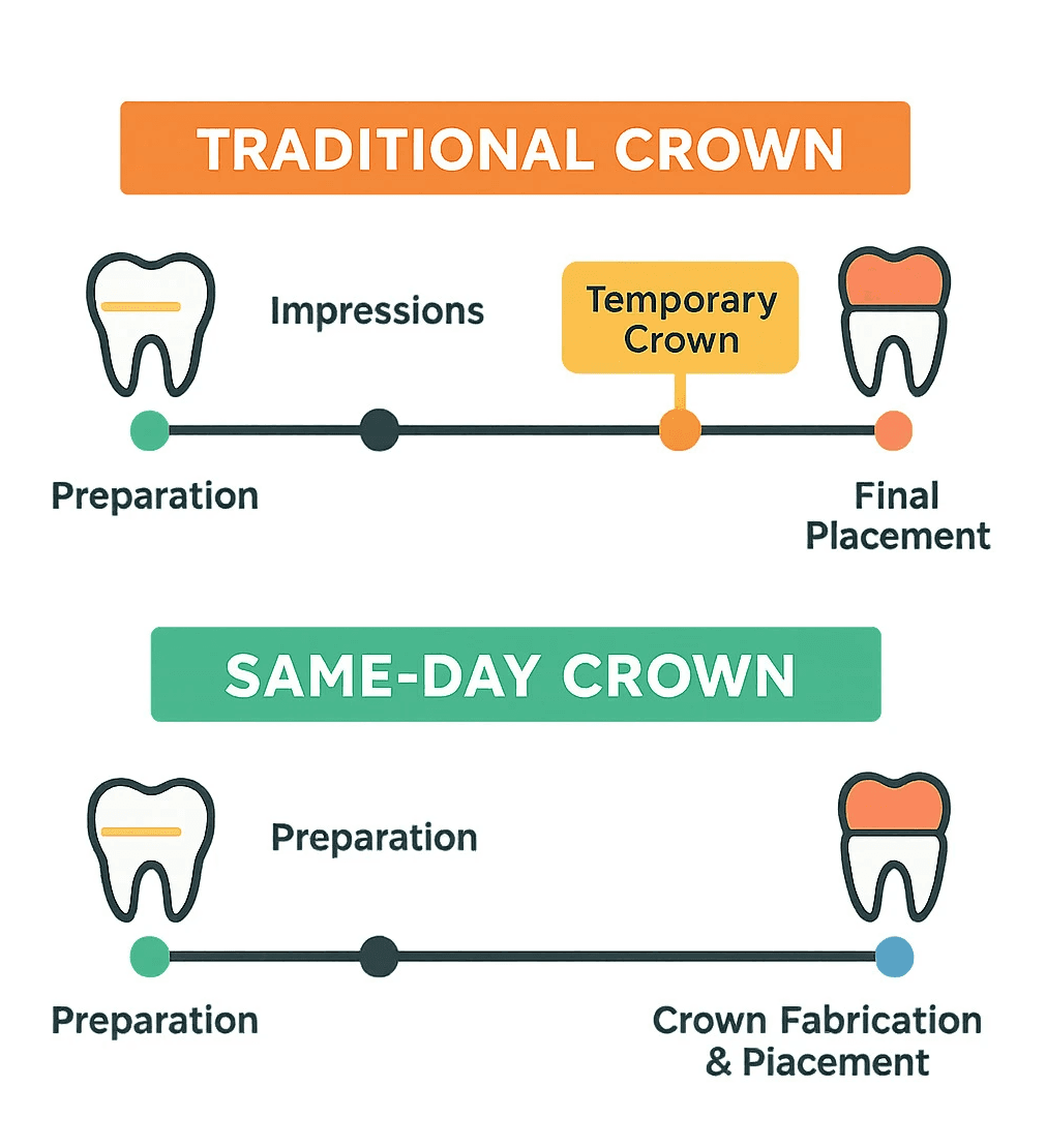 Comparison of traditional vs same-day crown workflows showing timeline differences - dental crown prep infographic